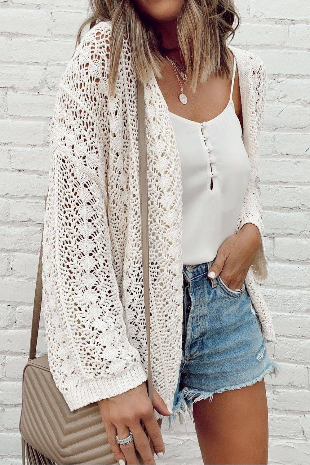 Openwork Open Front Dropped Shoulder Cardigan – Style J LLC