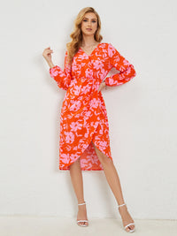 Printed Surplice Long Sleeve Midi Dress