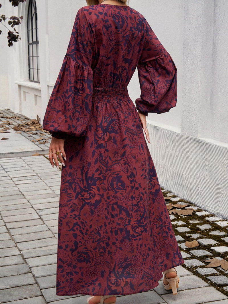 Split Printed Surplice Long Sleeve Midi Dress