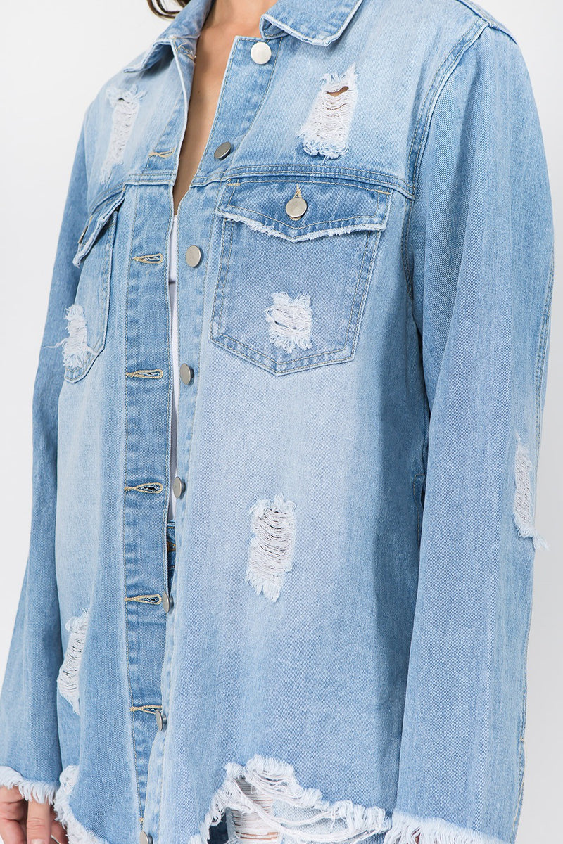 American Bazi Distressed Frayed Hem Denim Jacket