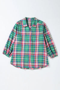 Plaid Collared Neck Three-Quarter Sleeve Blouse