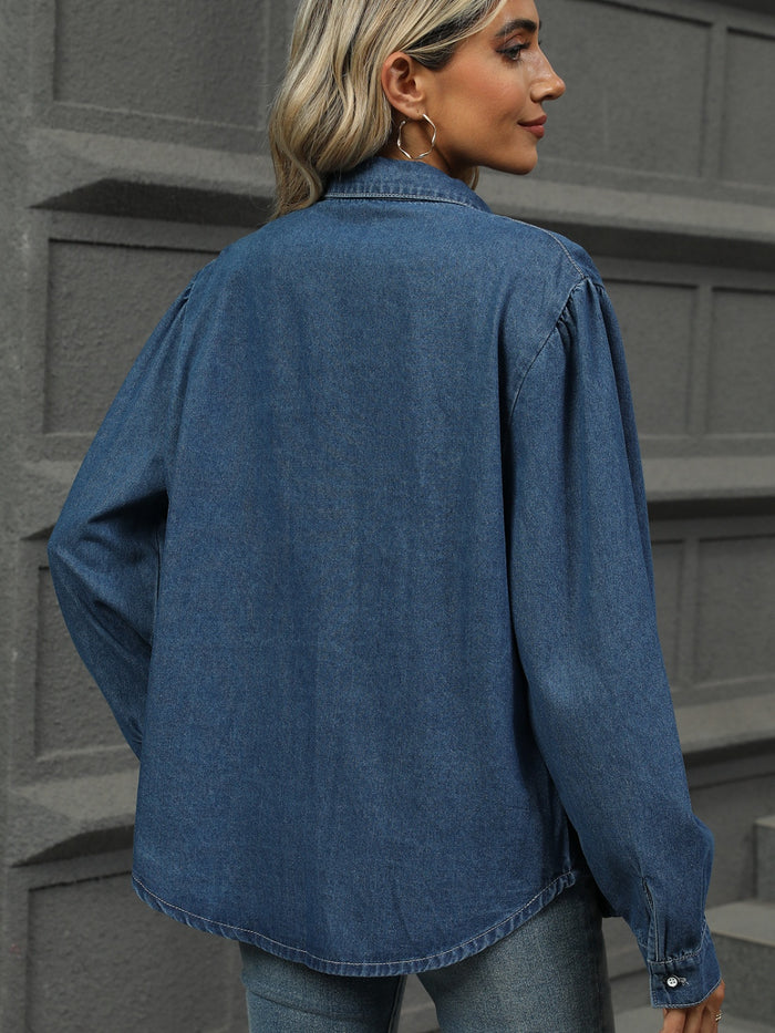 Button Down Collared Neck Long Sleeve Denim Top