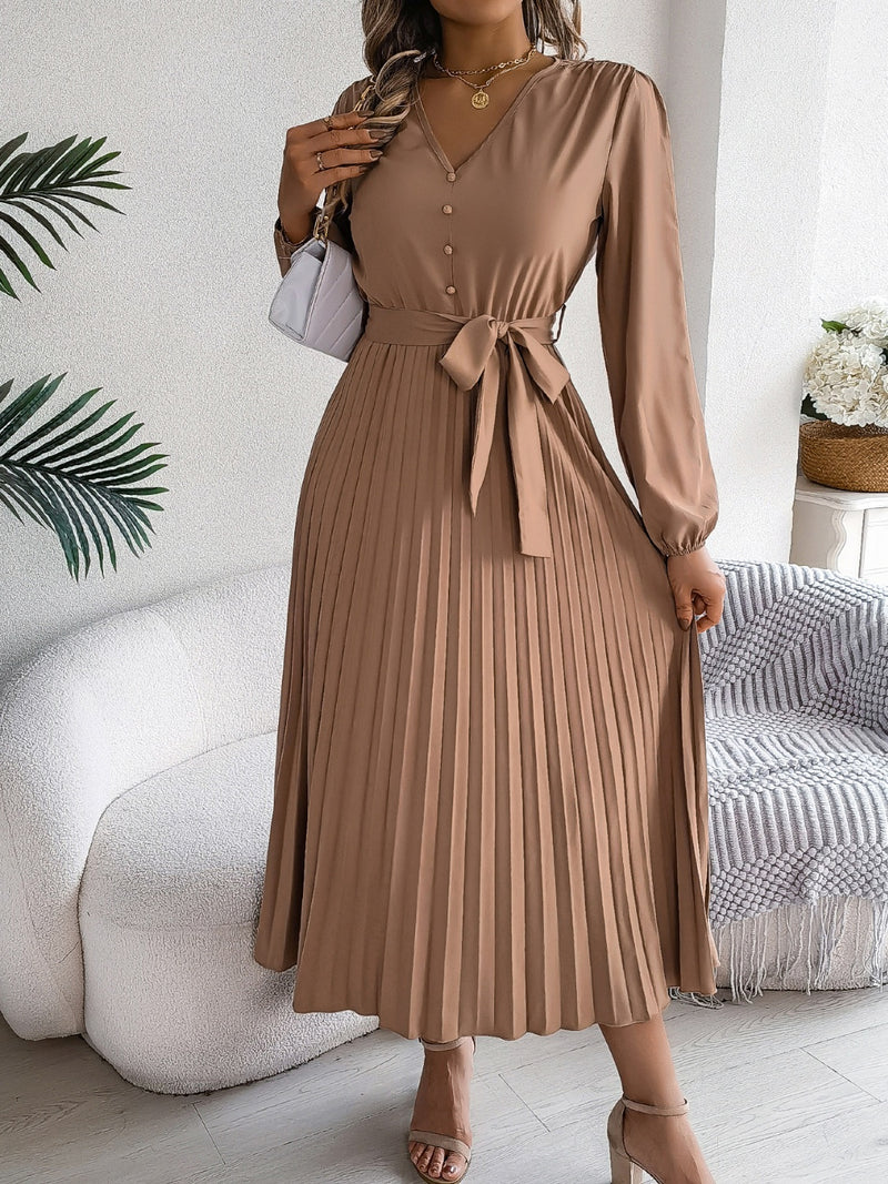 Pleated Tied V-Neck Long Sleeve Dress