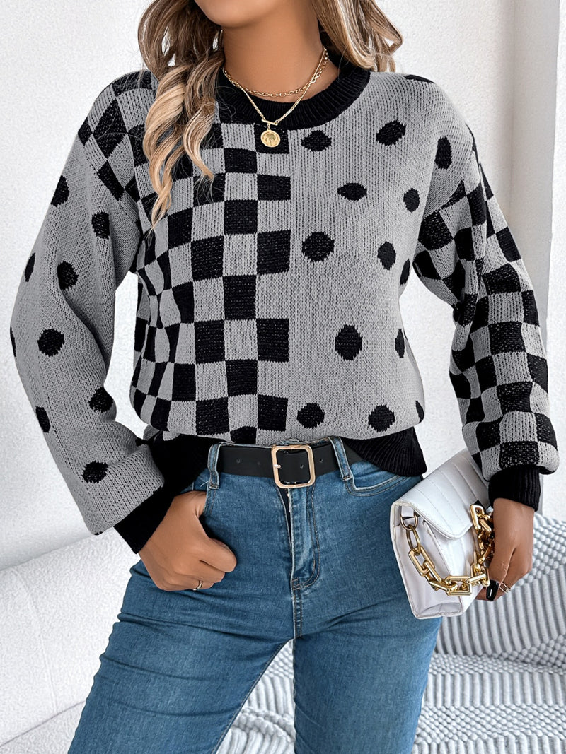 Plaid Round Neck Long Sleeve Sweater