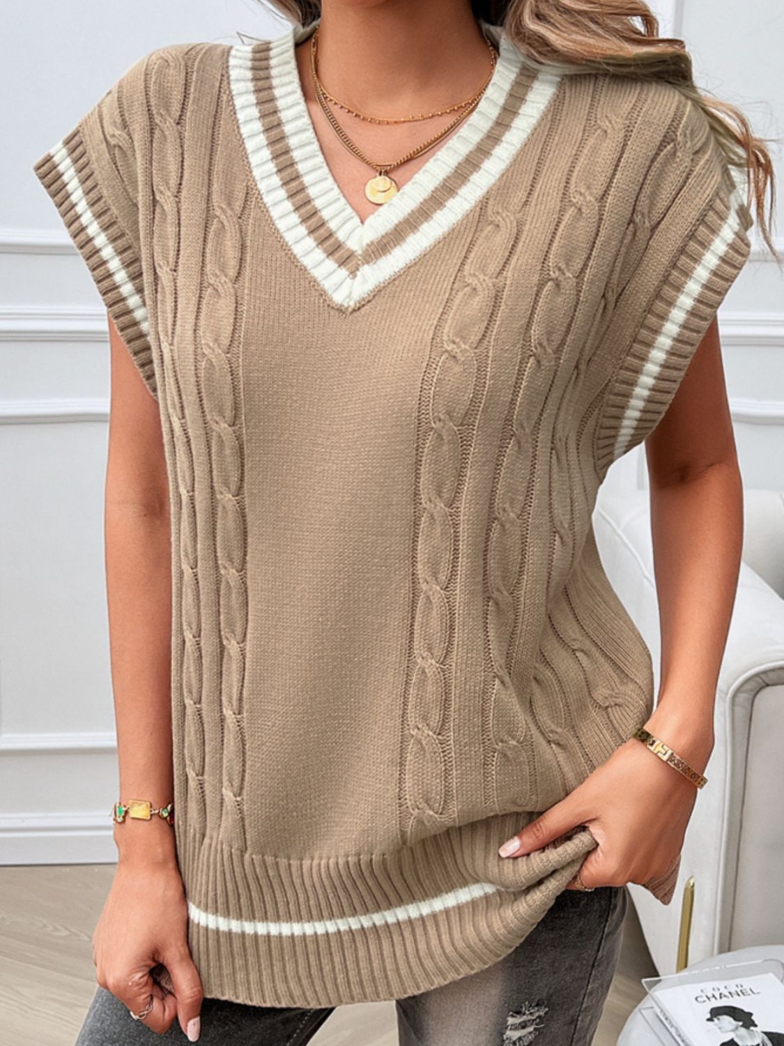 Cable-Knit V-Neck Sweater Vest