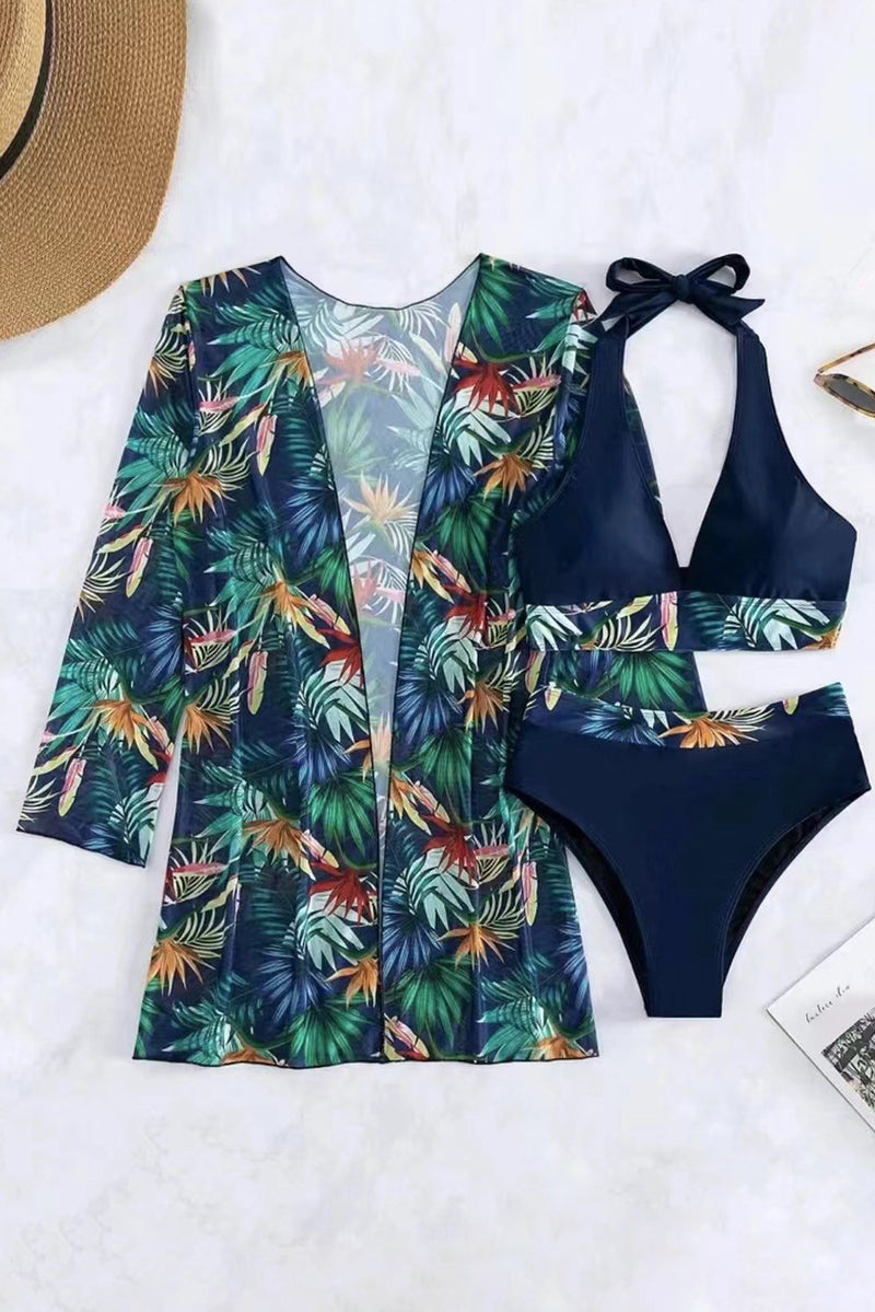 Printed Halter Neck Three-Piece Swim Set