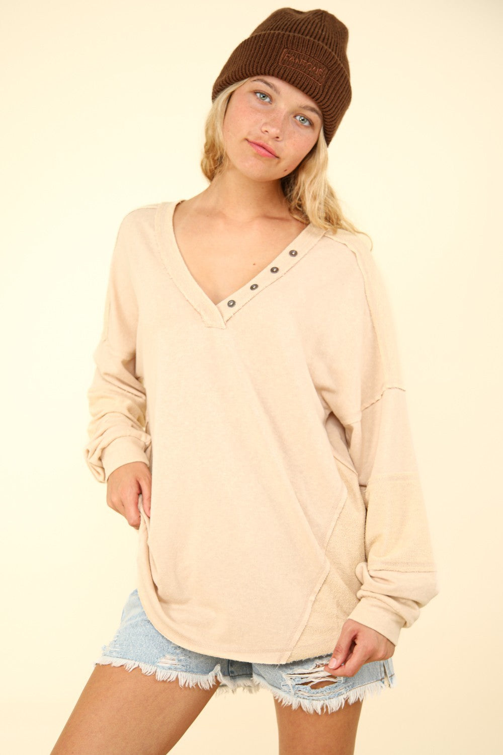 VERY J Washed V-Neck Exposed Seam Knit Top