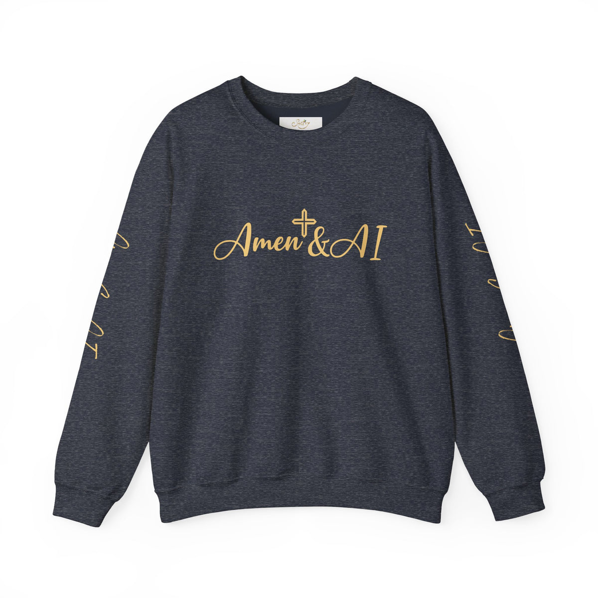 Christian AI Crewneck Sweatshirt - "Amen & AI" Gold Script, "Powered by Prayer, Driven by Data"