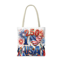 USA 250 Celebration Tote Bag — I Love USA Fireworks Patriotic Shopper