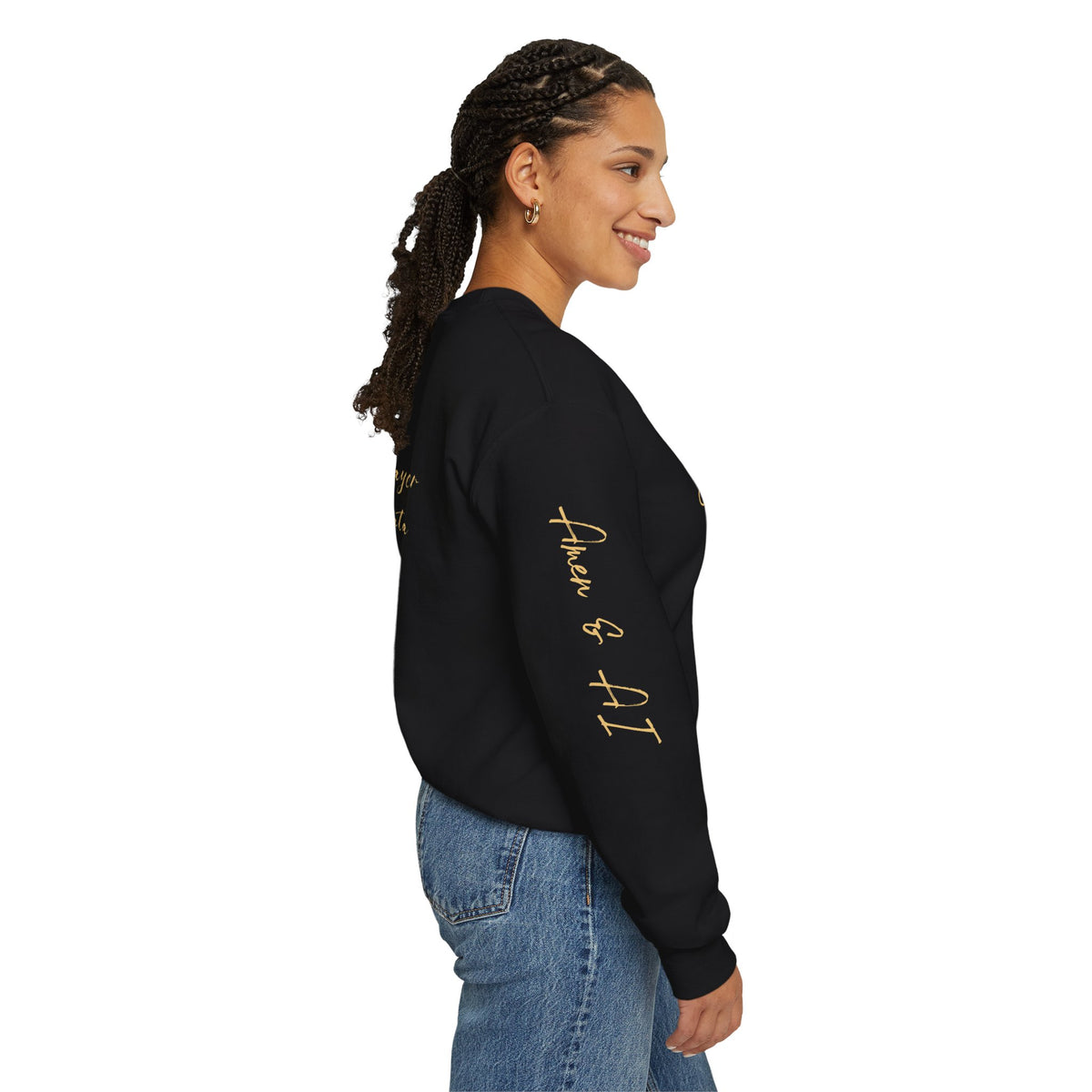 Christian AI Crewneck Sweatshirt - "Amen & AI" Gold Script, "Powered by Prayer, Driven by Data"