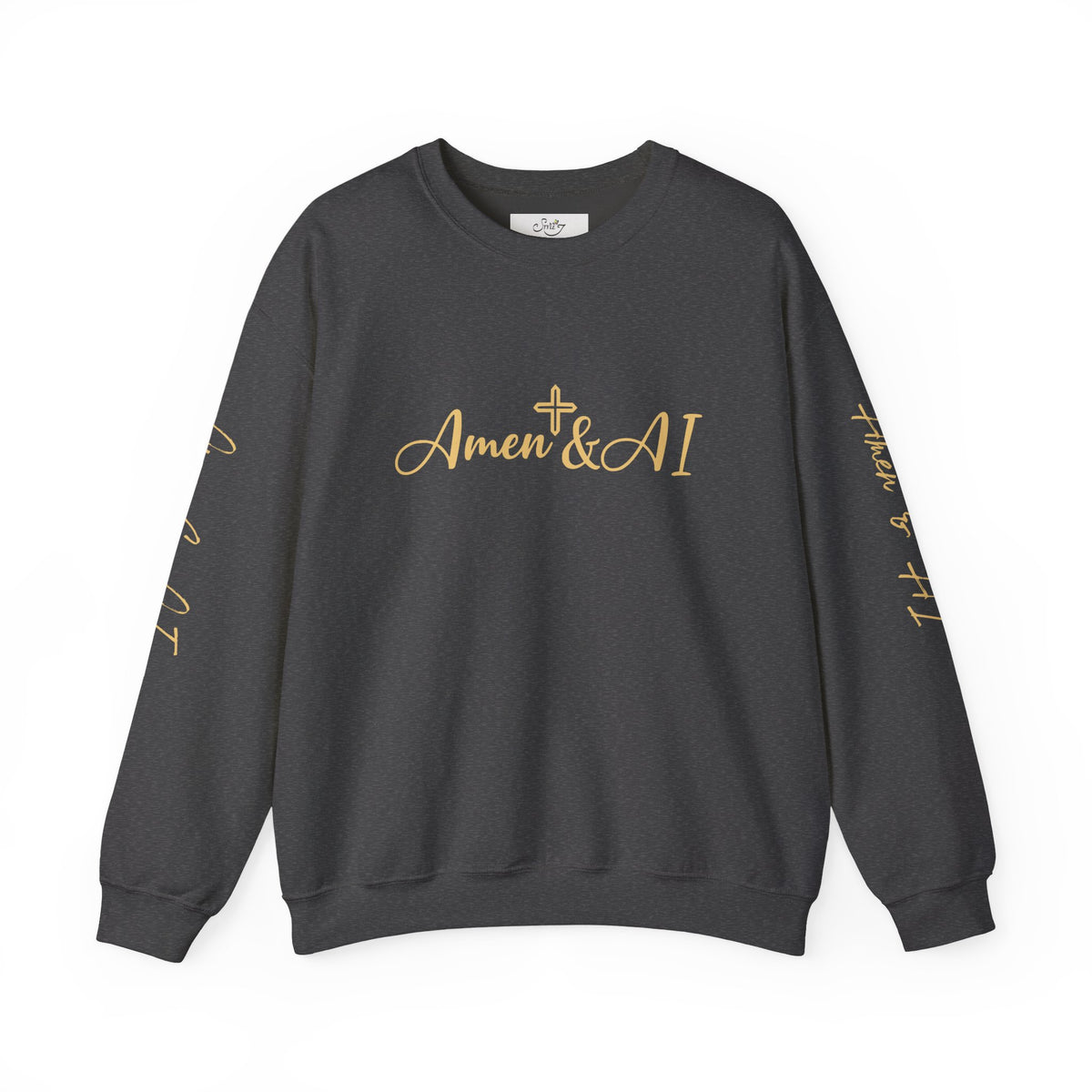 Christian AI Crewneck Sweatshirt - "Amen & AI" Gold Script, "Powered by Prayer, Driven by Data"