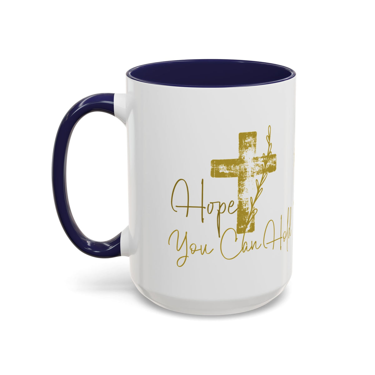 Christian Scripture Coffee Mug – Romans 15:13 Gold Calligraphy Accent Mug (11/15oz)