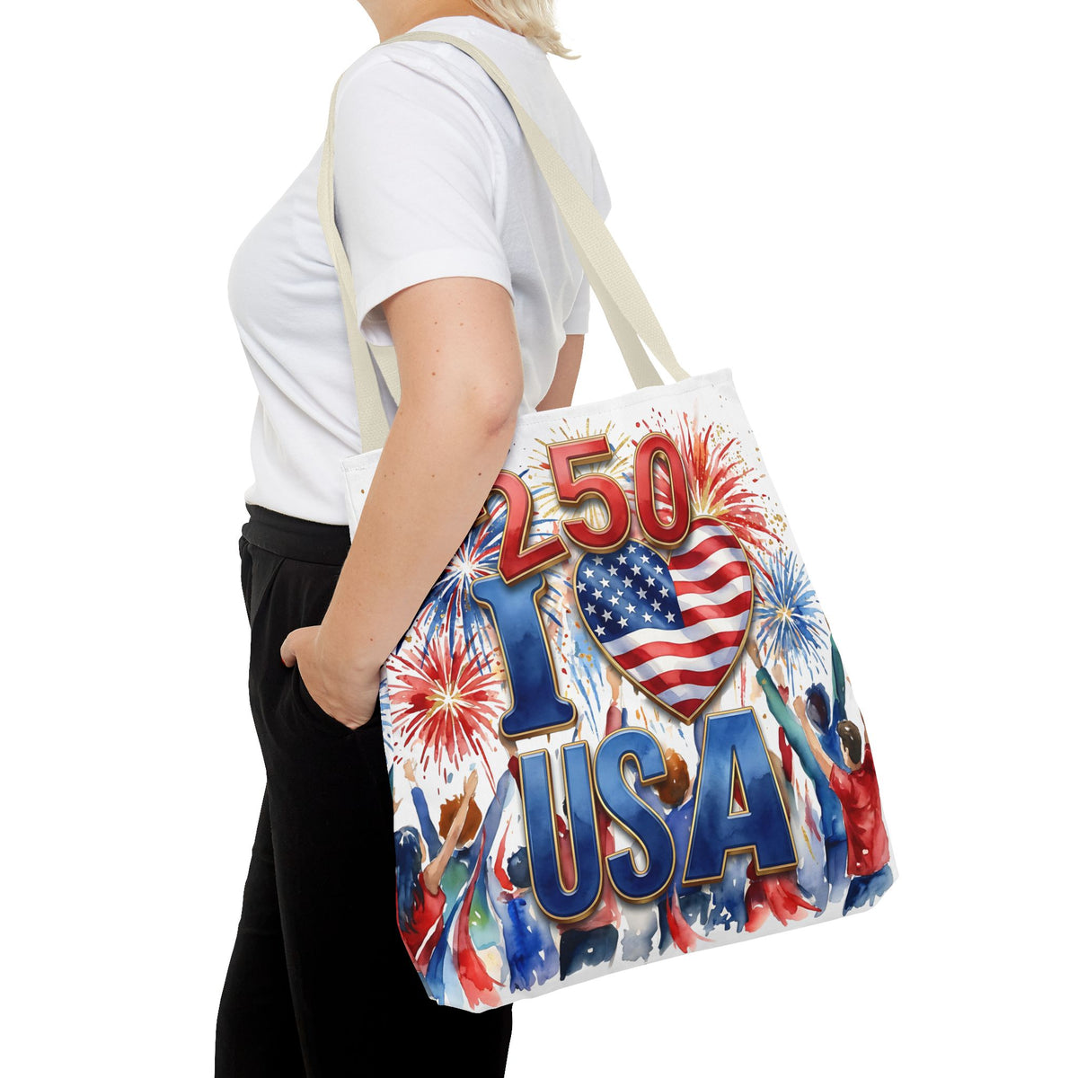 USA 250 Celebration Tote Bag — I Love USA Fireworks Patriotic Shopper