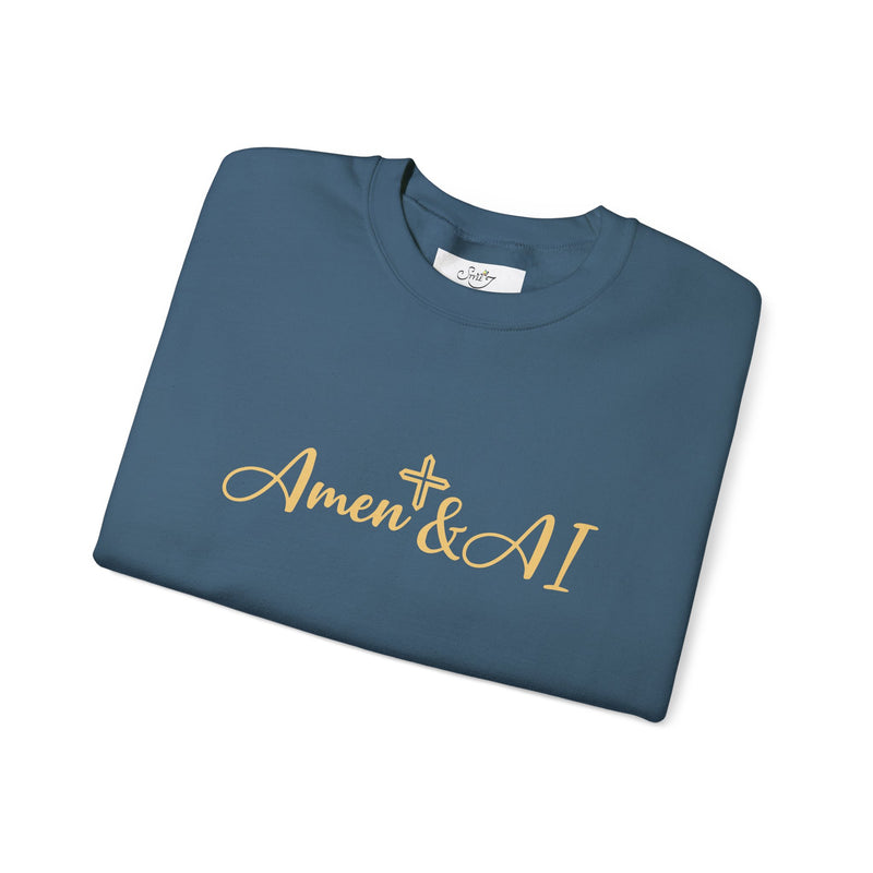 Christian AI Crewneck Sweatshirt - "Amen & AI" Gold Script, "Powered by Prayer, Driven by Data"