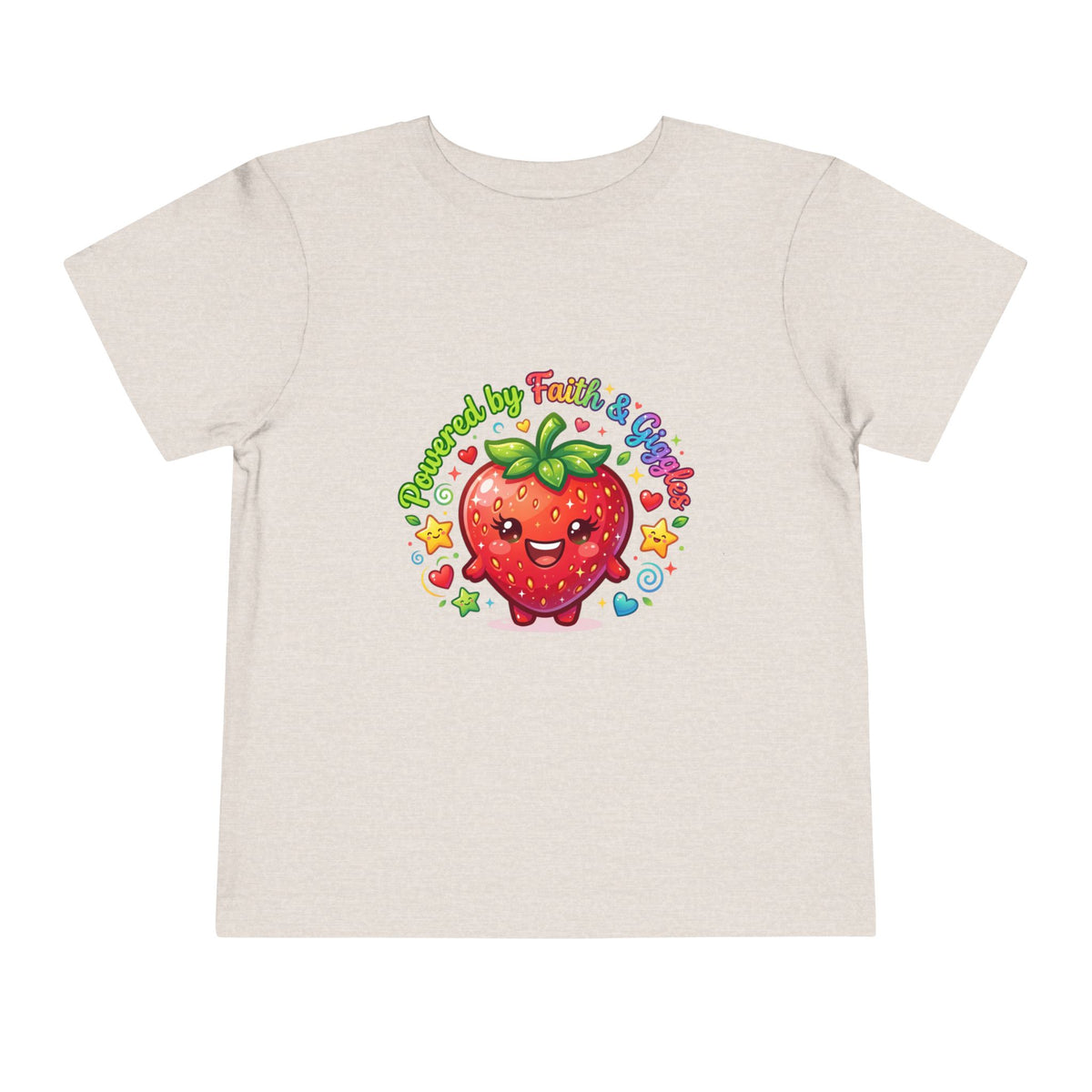 Toddler Tee — Cute Kawaii Strawberry "Powered by Faith & Giggles" Kids Shirt