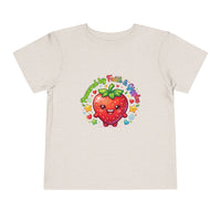 Toddler Tee — Cute Kawaii Strawberry "Powered by Faith & Giggles" Kids Shirt