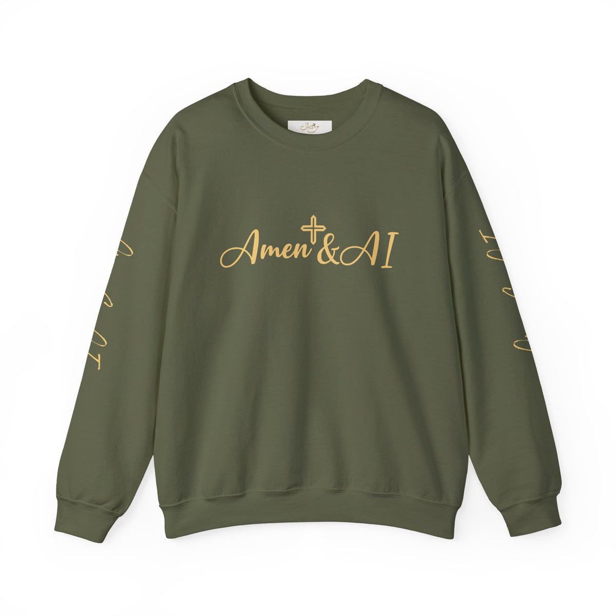 Christian AI Crewneck Sweatshirt - "Amen & AI" Gold Script, "Powered by Prayer, Driven by Data"