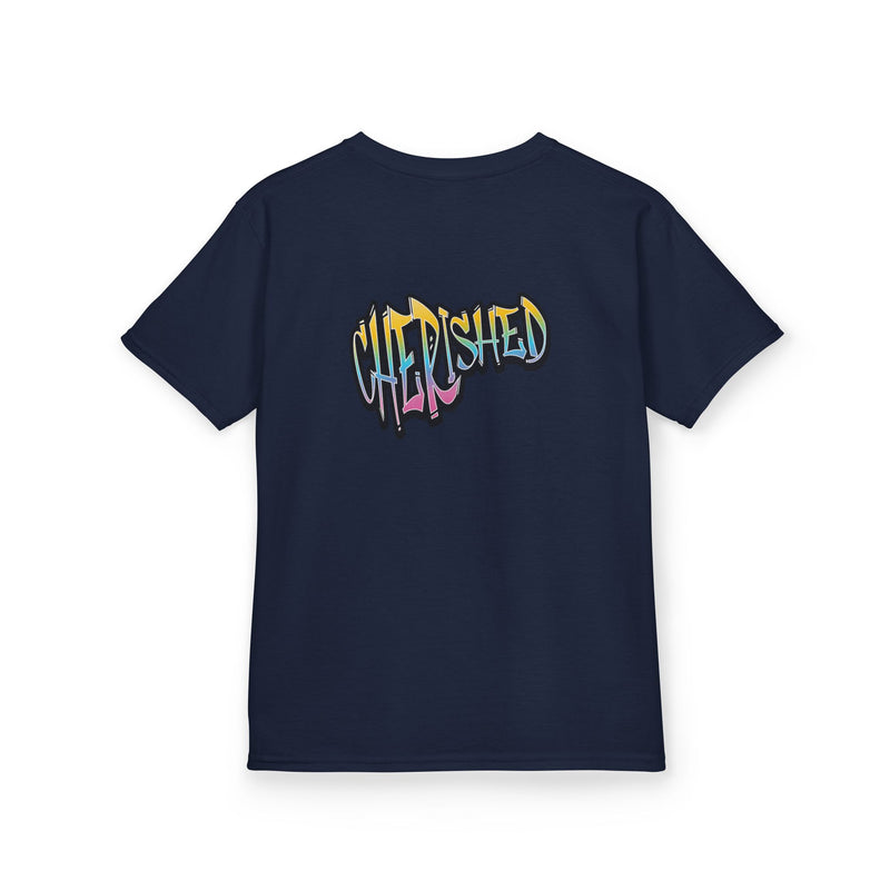 Kids 'Child of Light' Graphic Tee — Colorful Hand-Lettered 'Cherished' Back Design