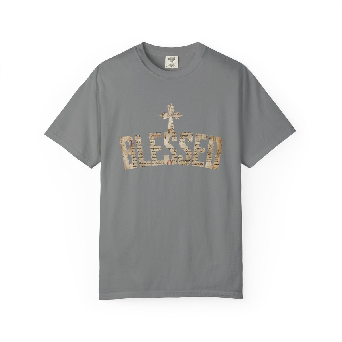Blessed Cross T-Shirt — Christian Graphic Tee (Vintage Camouflage Lettering)