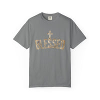 Blessed Cross T-Shirt — Christian Graphic Tee (Vintage Camouflage Lettering)