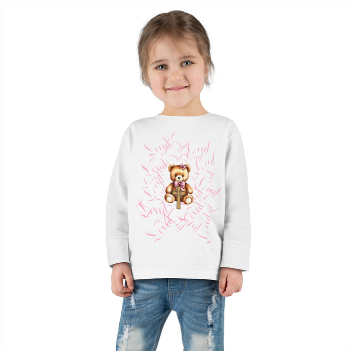 Toddler Tee — "Loved" Cute Teddy Bear Cross Design Long Sleeve
