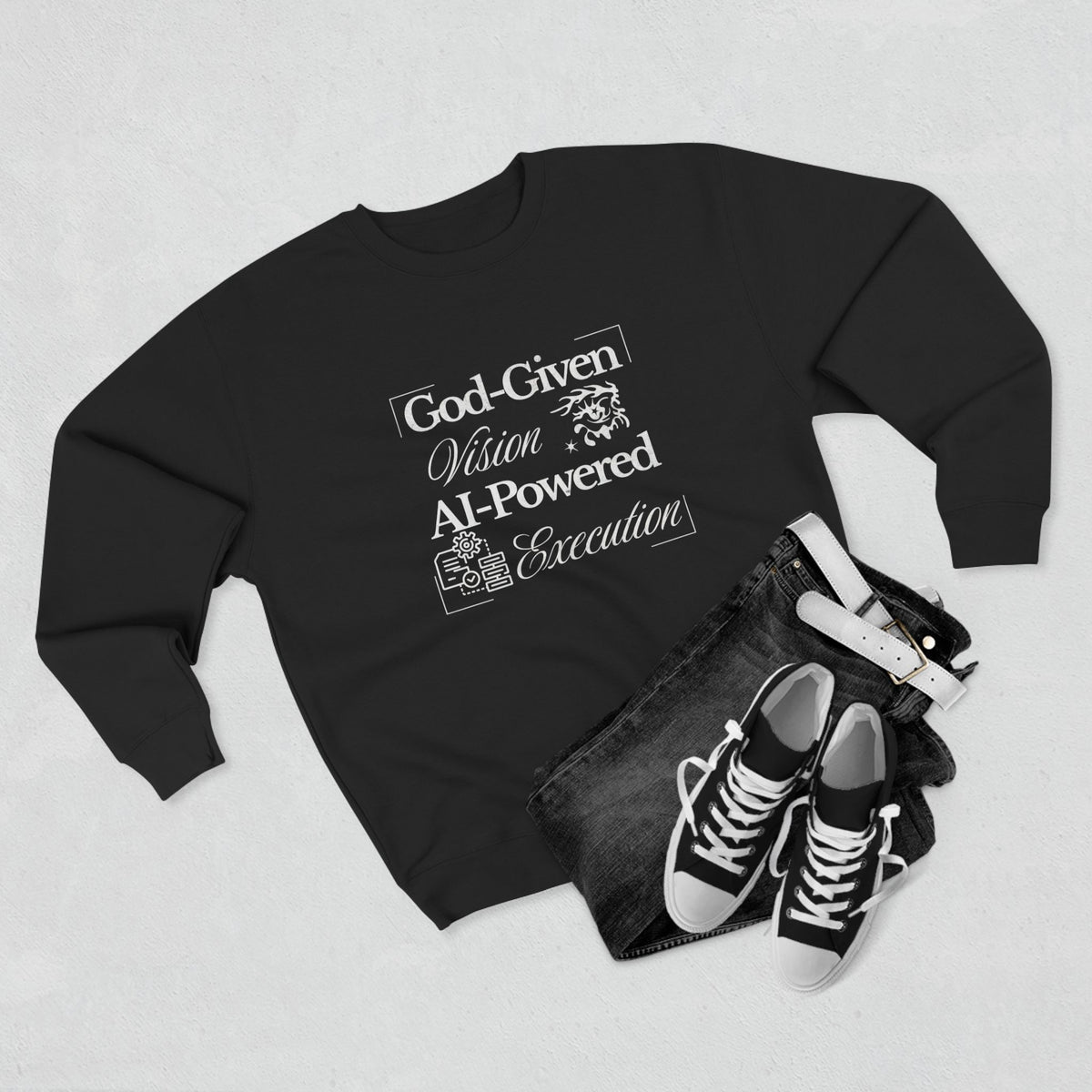 AI-Powered Execution Crewneck Sweatshirt — "God-Given Vision. AI-Powered Execution." Inspirational Graphic