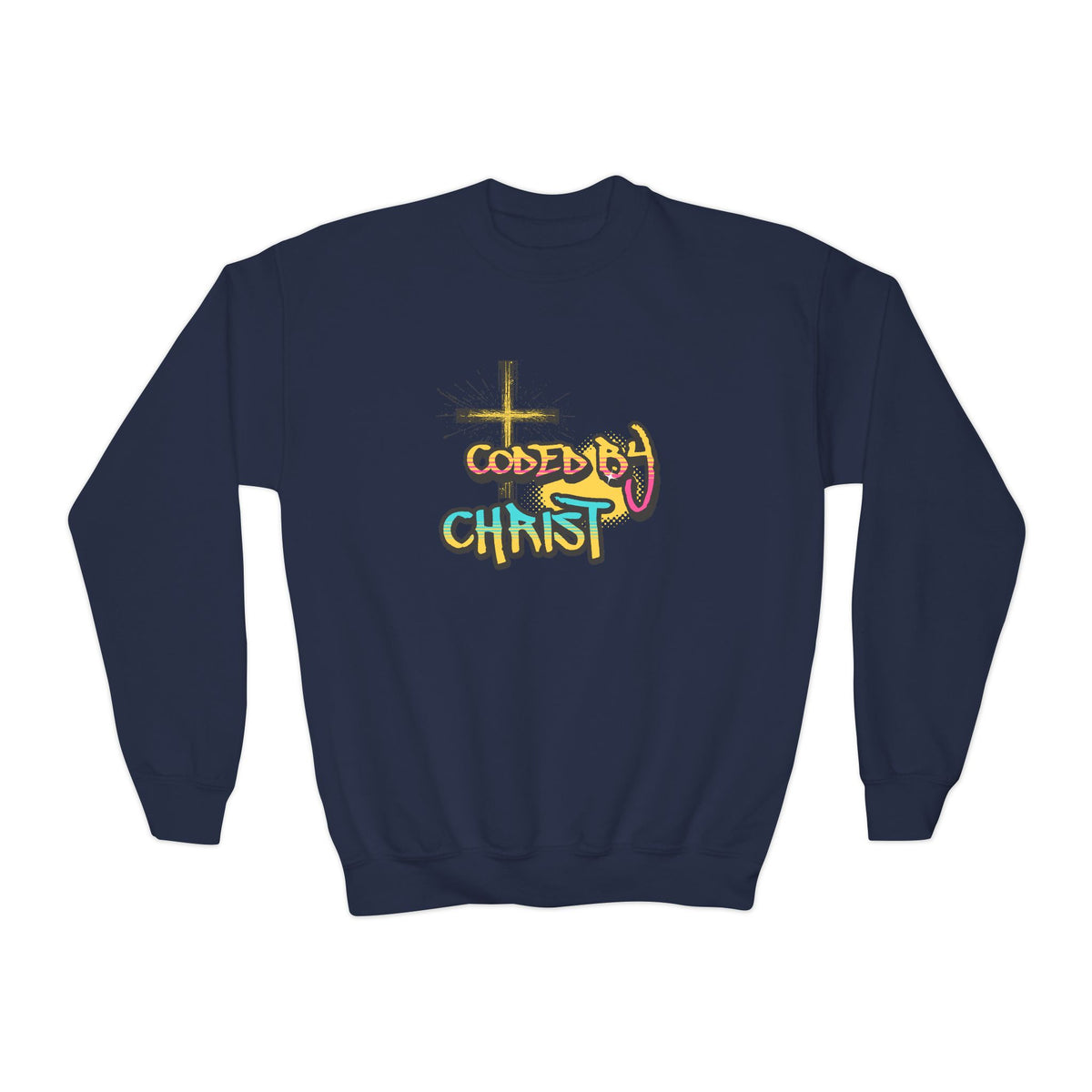 Youth Crewneck Sweatshirt - 'Coded by Christ' Colorful Faith Graphic