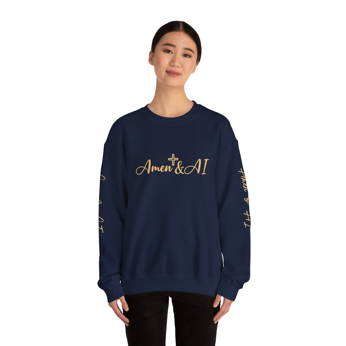 Christian AI Crewneck Sweatshirt - "Amen & AI" Gold Script, "Powered by Prayer, Driven by Data"