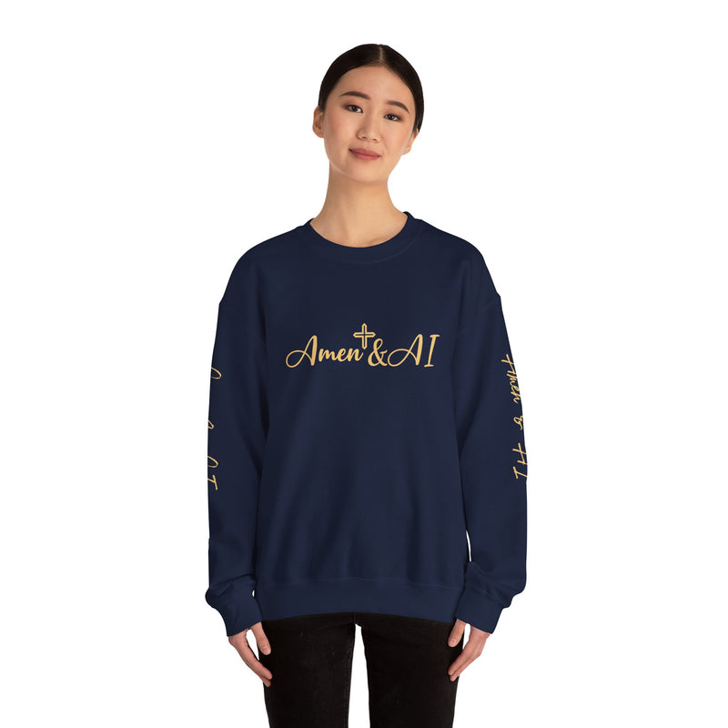 Christian AI Crewneck Sweatshirt - "Amen & AI" Gold Script, "Powered by Prayer, Driven by Data"