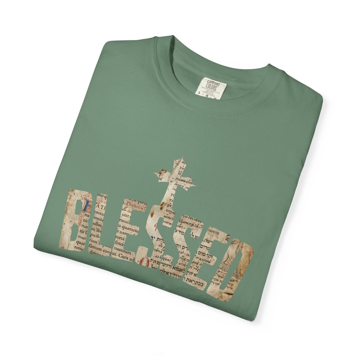Blessed Cross T-Shirt — Christian Graphic Tee (Vintage Camouflage Lettering)