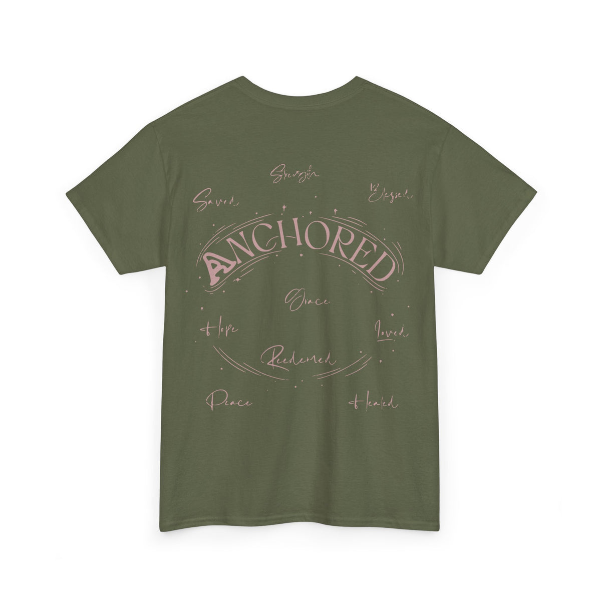 Anchored Faith T-Shirt — "Anchored" Calligraphy with Faith, Hope & Grace