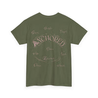 Anchored Faith T-Shirt — "Anchored" Calligraphy with Faith, Hope & Grace
