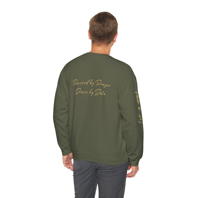 Christian AI Crewneck Sweatshirt - "Amen & AI" Gold Script, "Powered by Prayer, Driven by Data"
