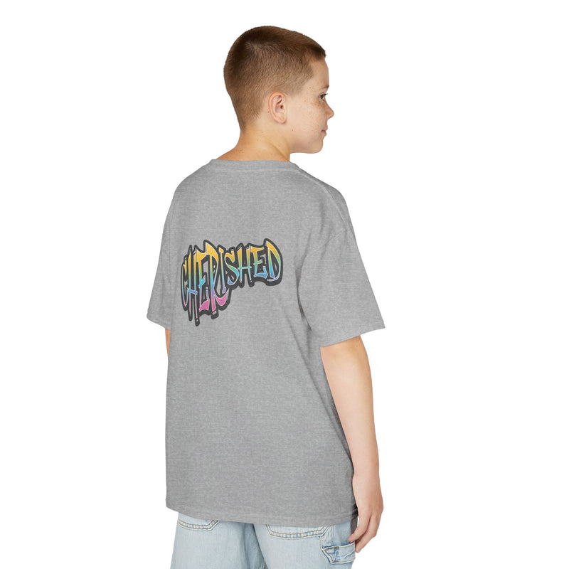 Kids 'Child of Light' Graphic Tee — Colorful Hand-Lettered 'Cherished' Back Design