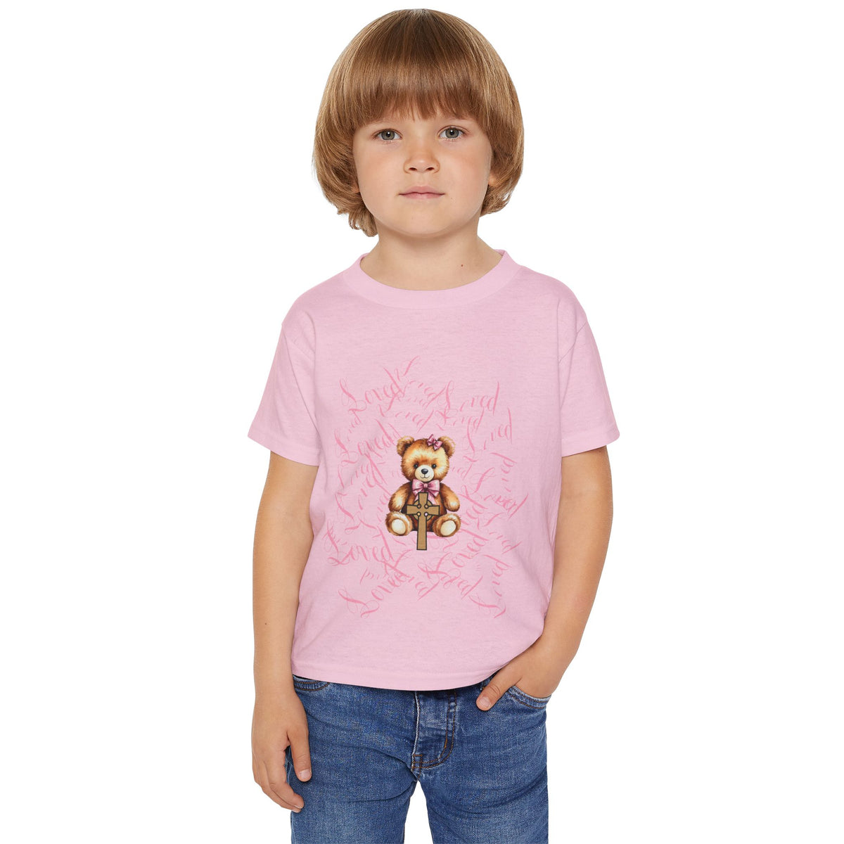 Toddler T‑Shirt — Cute Teddy Bear Cross Design with Pink Script