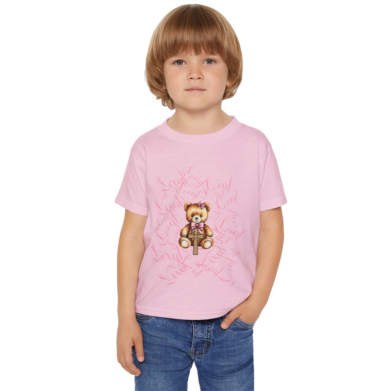 Toddler T‑Shirt — Cute Teddy Bear Cross Design with Pink Script