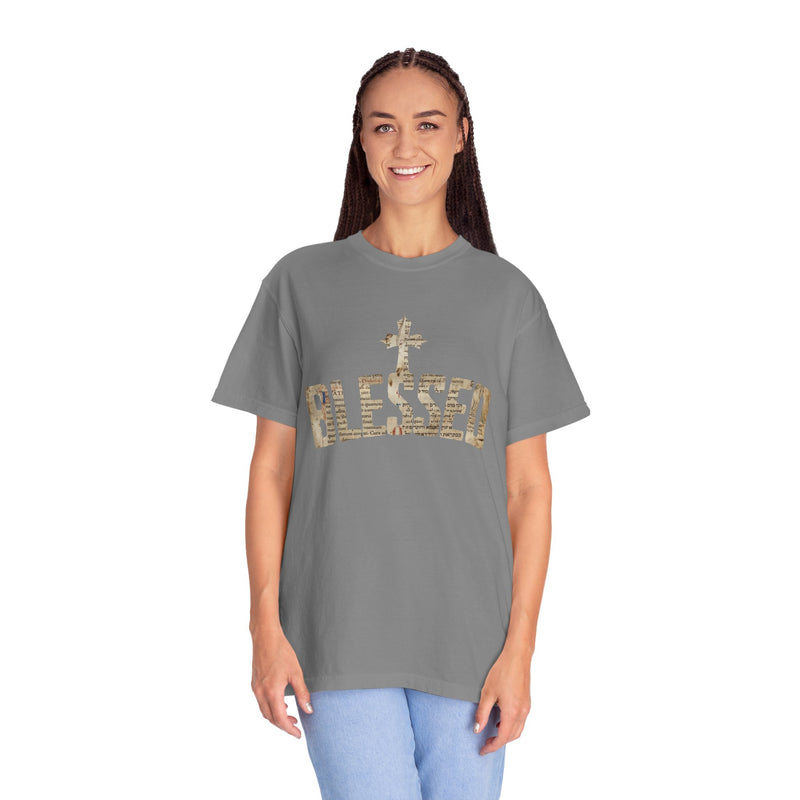 Blessed Cross T-Shirt — Christian Graphic Tee (Vintage Camouflage Lettering)