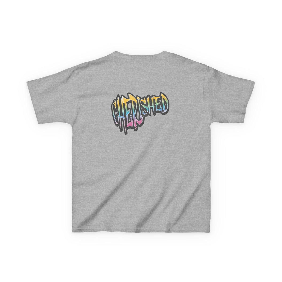 Kids 'Child of Light' Graphic Tee — Colorful Hand-Lettered 'Cherished' Back Design