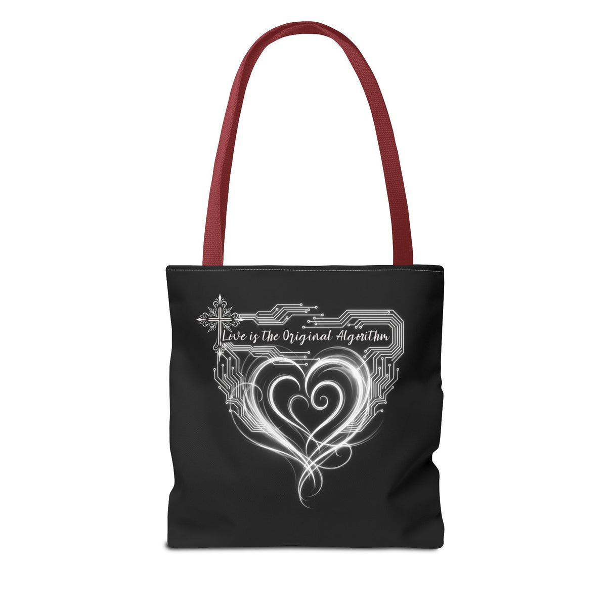 Black Heart Art Tote — "Love is the Original Algorithm" All-Over Print Tote Bag