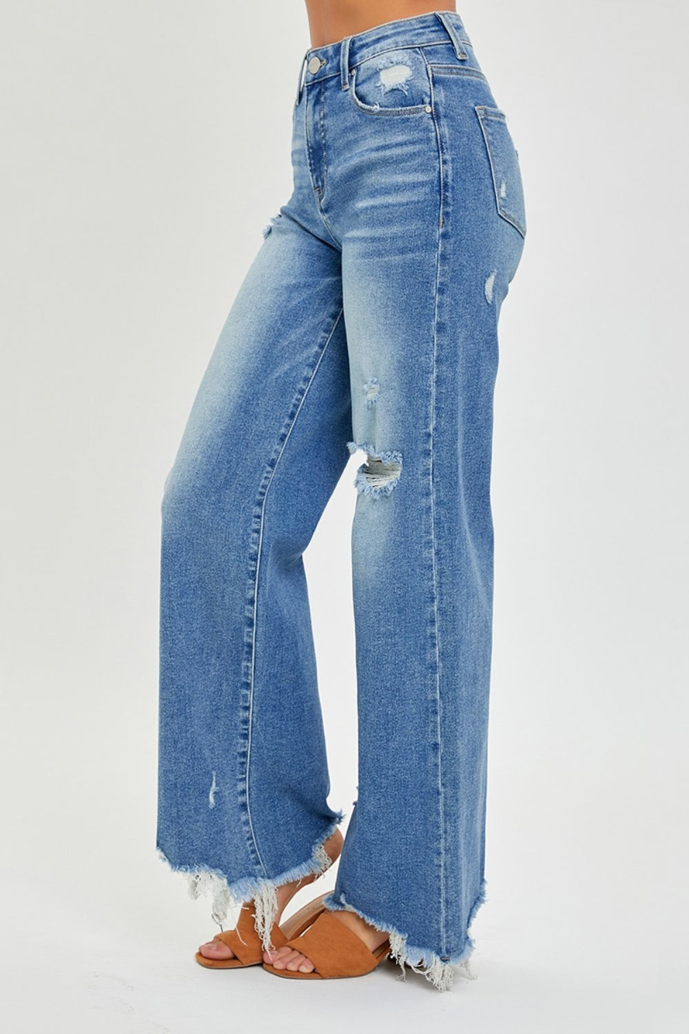 Rise Full Size High Rise Frayed Hem Wide Leg Jeans