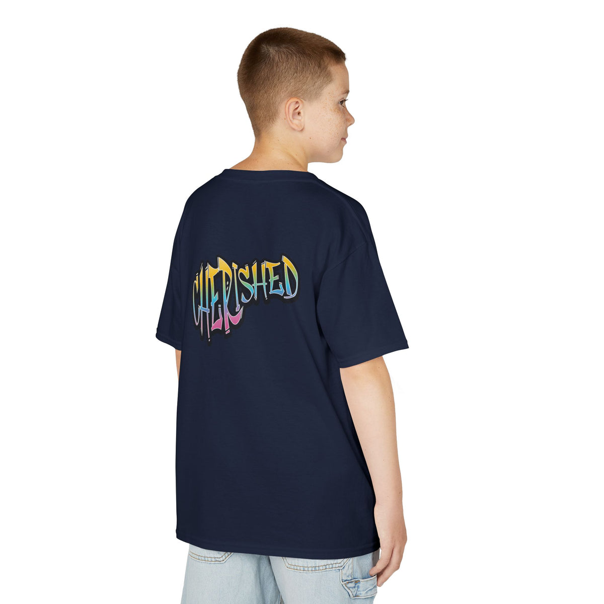 Kids 'Child of Light' Graphic Tee — Colorful Hand-Lettered 'Cherished' Back Design