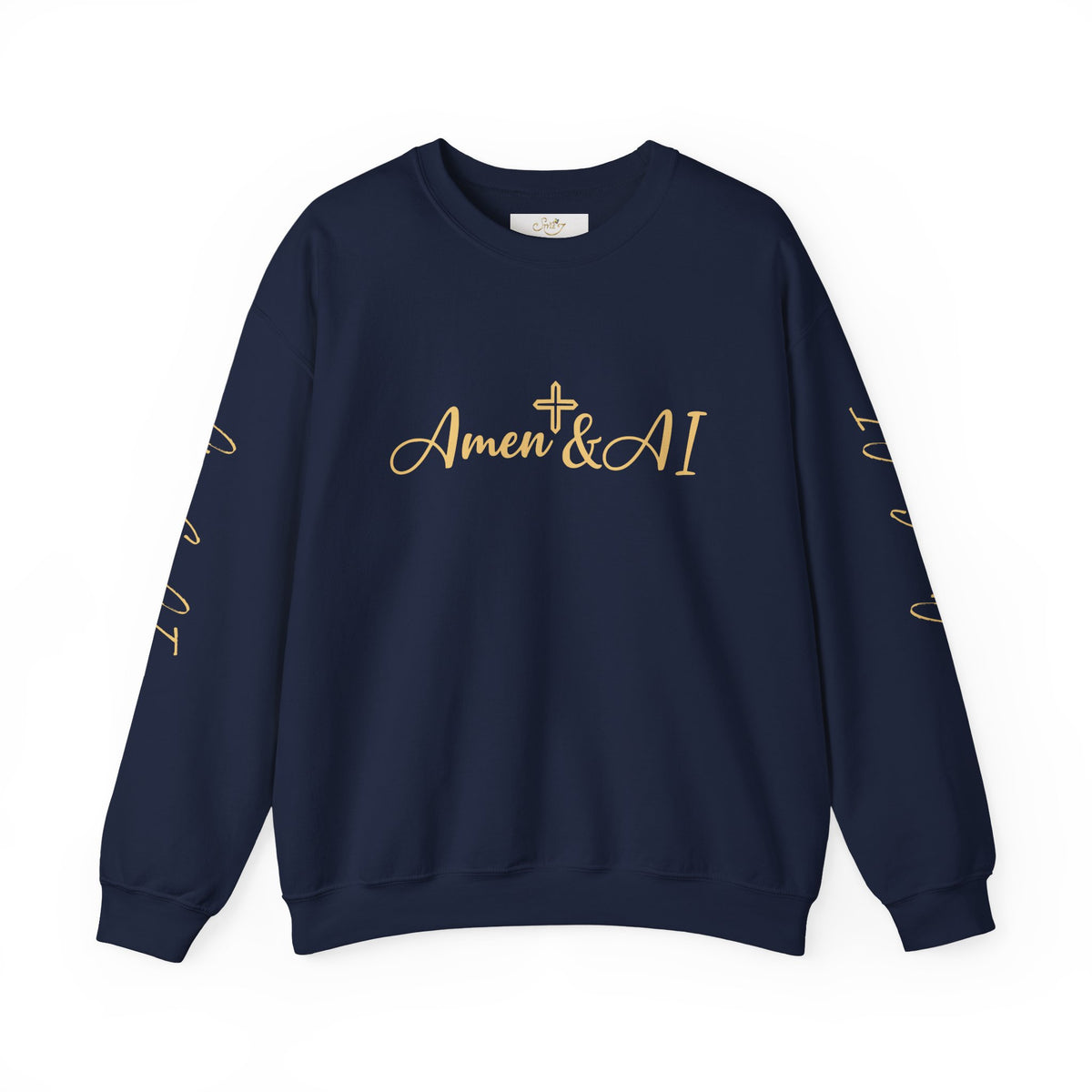 Christian AI Crewneck Sweatshirt - "Amen & AI" Gold Script, "Powered by Prayer, Driven by Data"