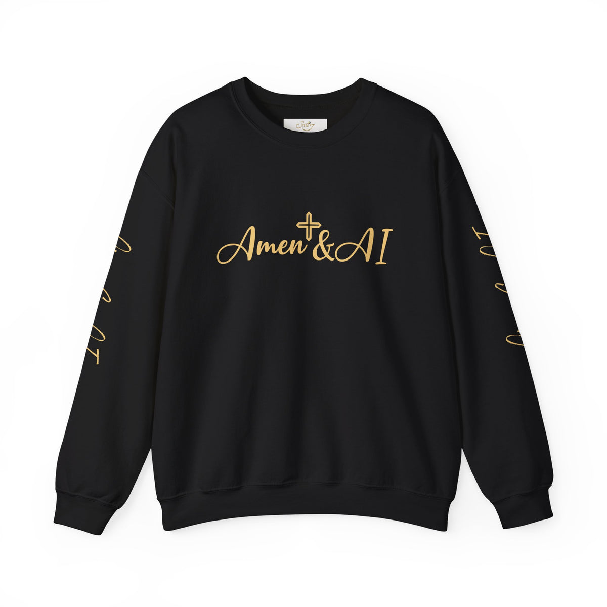 Christian AI Crewneck Sweatshirt - "Amen & AI" Gold Script, "Powered by Prayer, Driven by Data"