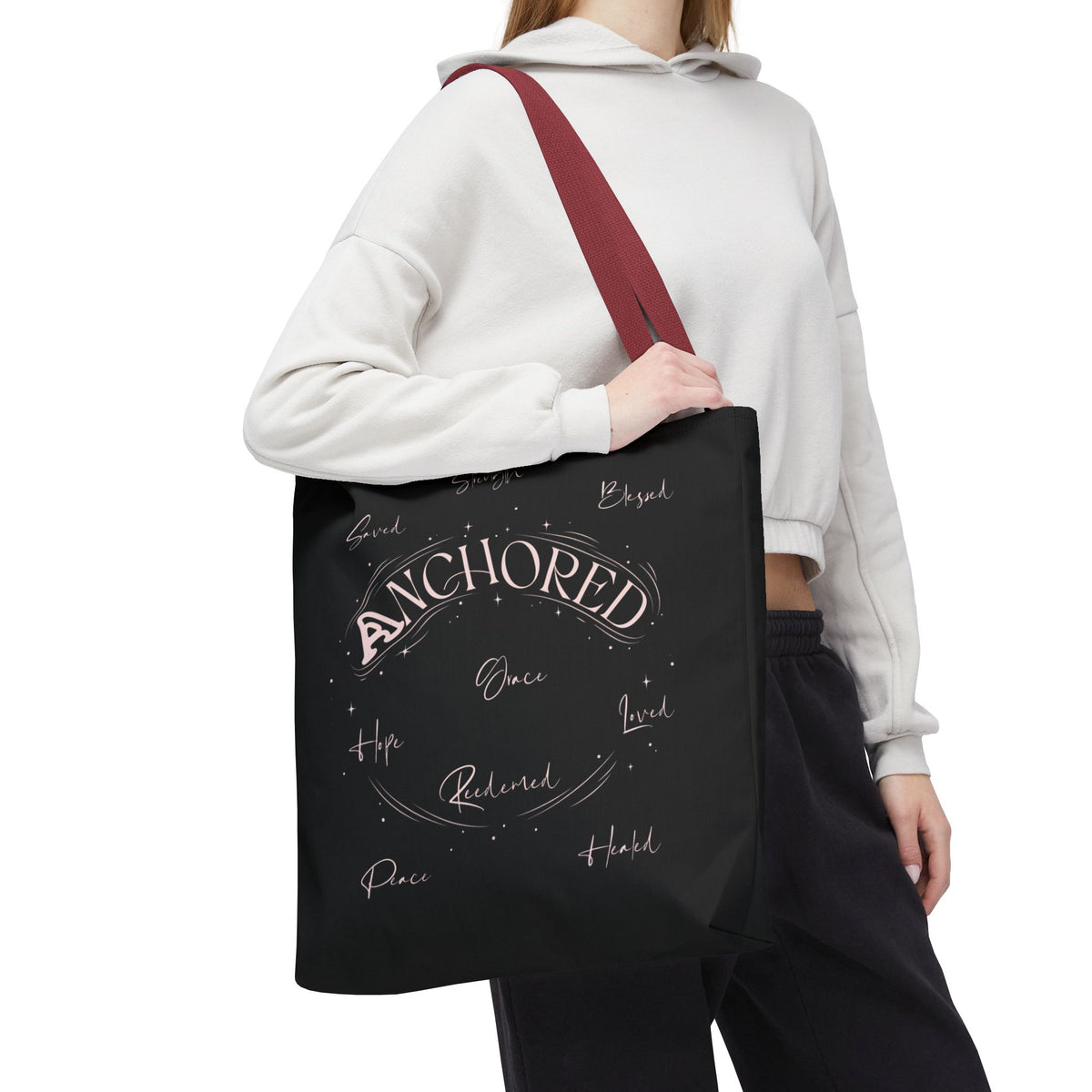 Anchored Inspirational Tote Bag — 'Anchored' Script Design