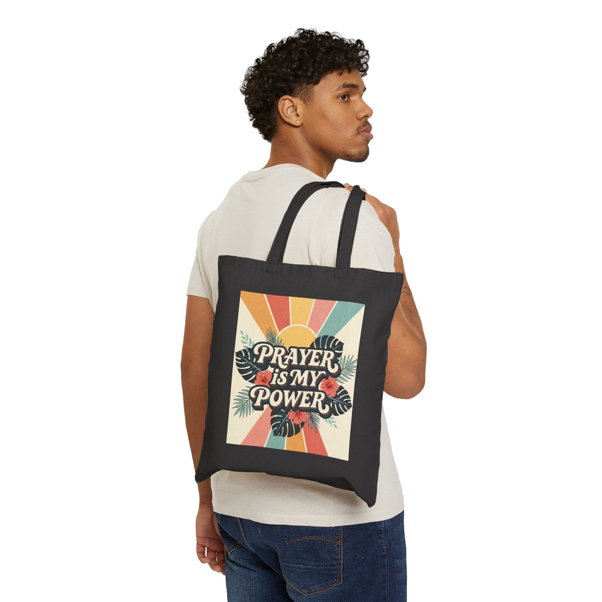 Prayer Is My Power Canvas Tote — Retro Sunburst Faith Tote Bag