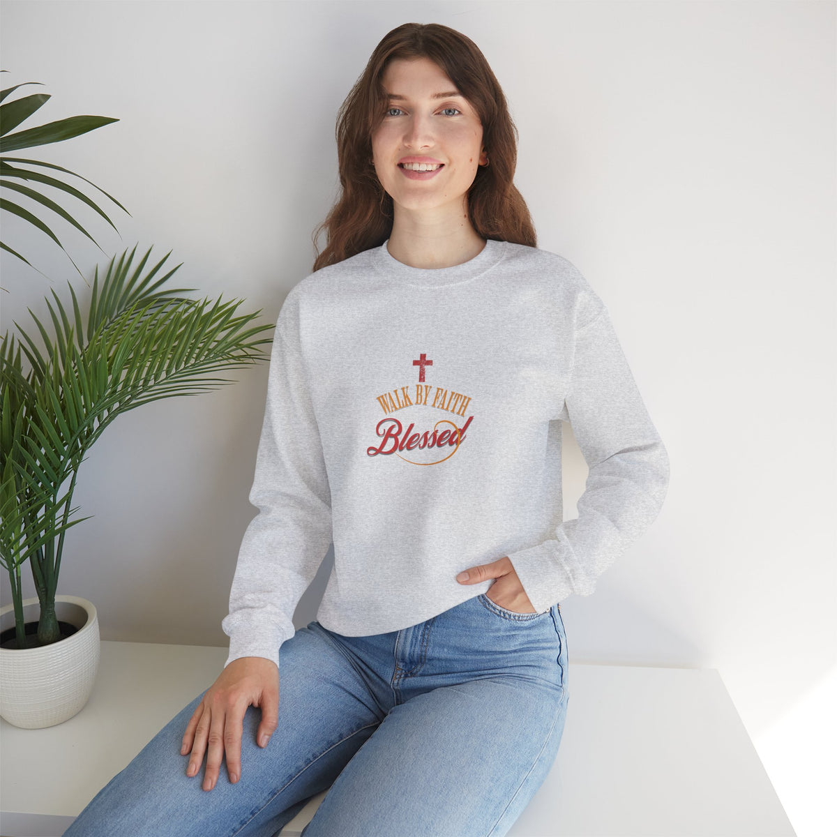 Unisex Christian Crewneck Sweatshirt — "Blessed" Faith Cross Graphic