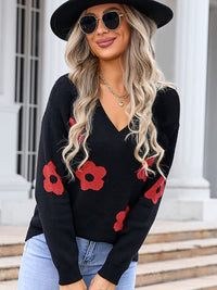 Flower V-Neck Long Sleeve Sweater