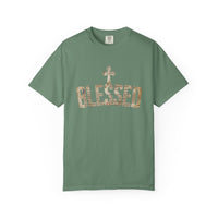 Blessed Cross T-Shirt — Christian Graphic Tee (Vintage Camouflage Lettering)