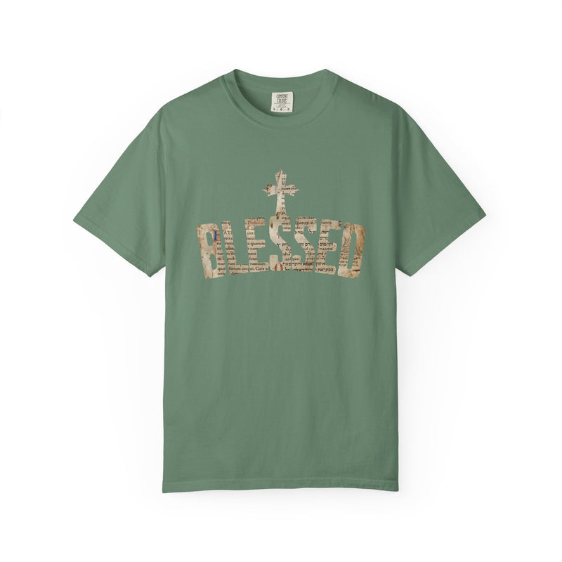 Blessed Cross T-Shirt — Christian Graphic Tee (Vintage Camouflage Lettering)