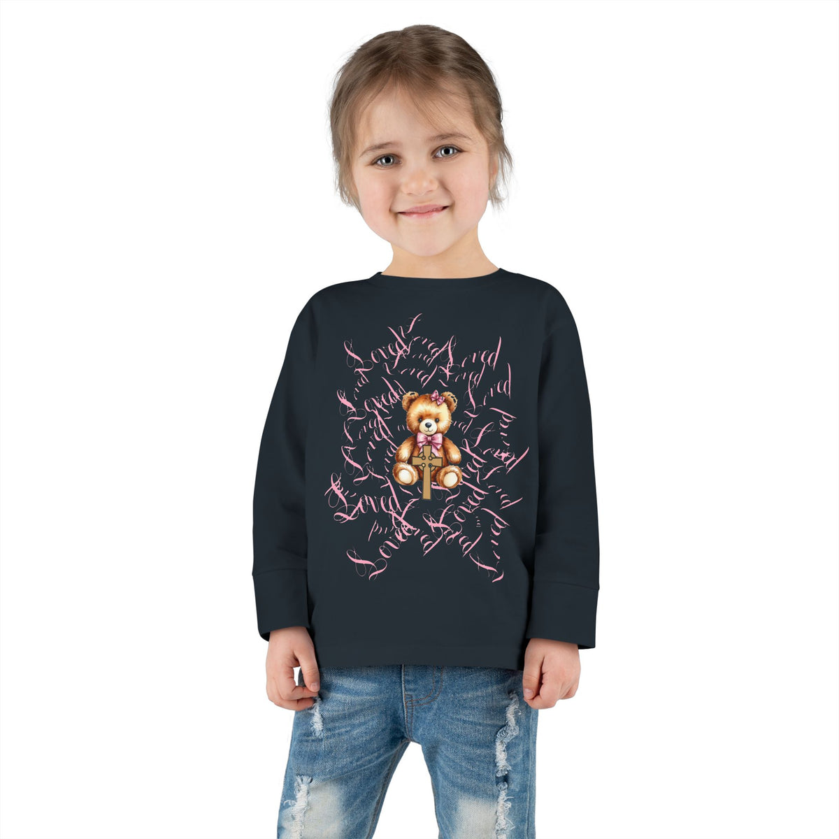 Toddler Tee — "Loved" Cute Teddy Bear Cross Design Long Sleeve